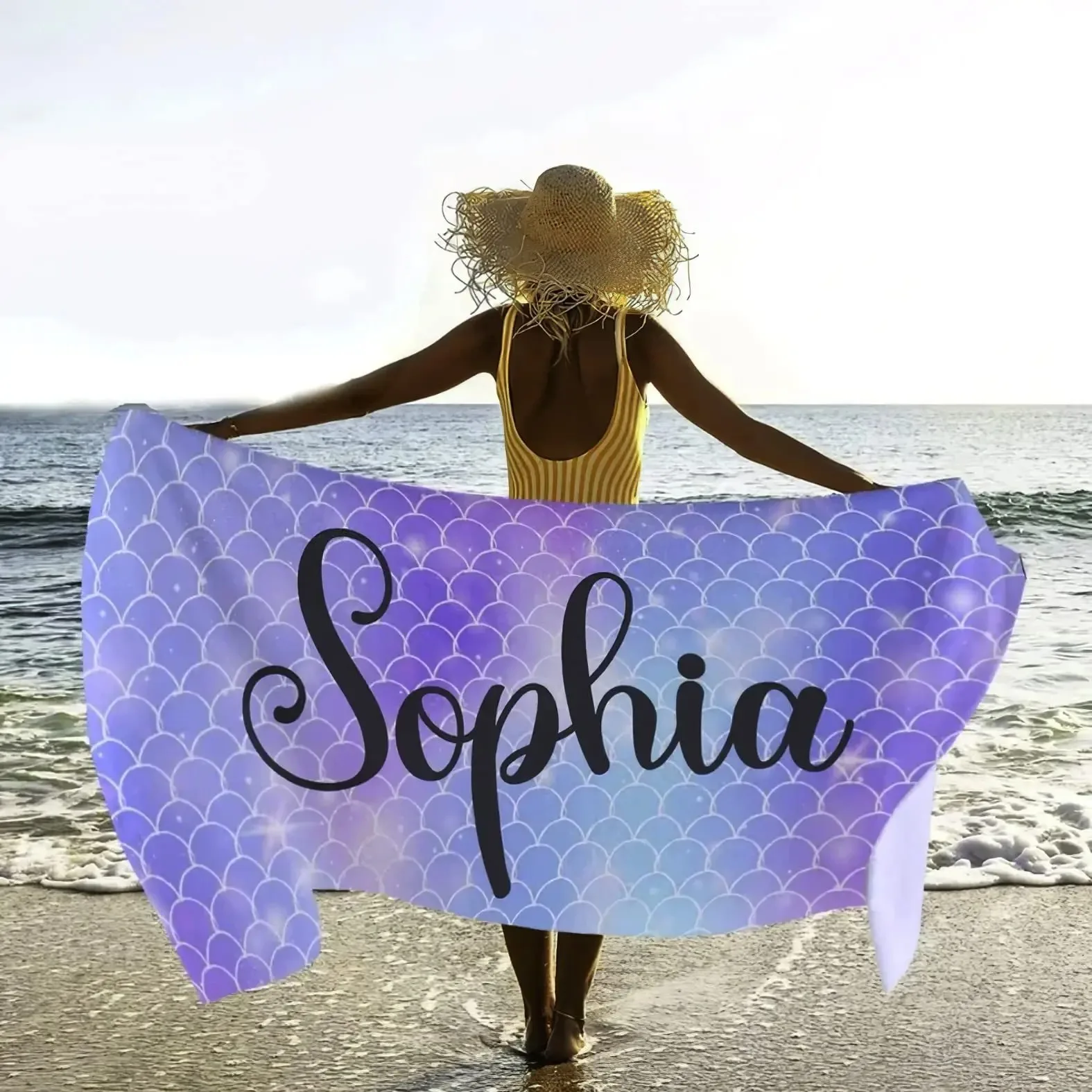 Personalized Name Beach Towel - Custom Mermaid Scale Design Oversized Microfiber Towel For Pool, Beach - View #8