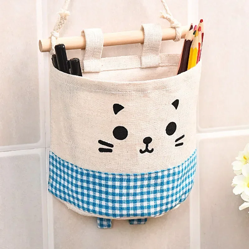 Wall Hanging Storage Bags Cartoon Cat Organizer Pocket Wardrobe Hanging Bag For Cosmetics Containers Cotton Door Wall Closet