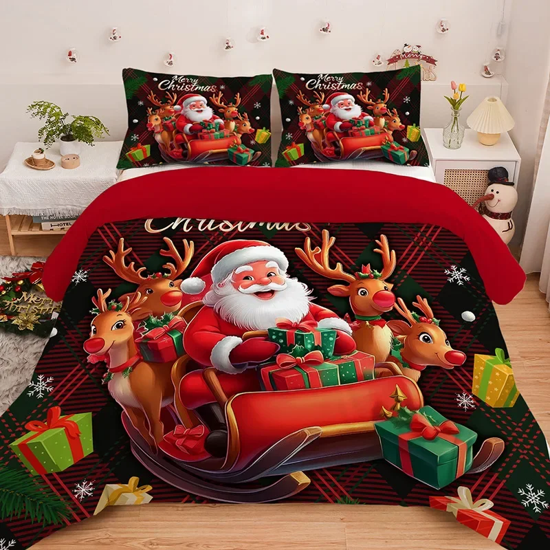 3PC Cartoon Christmas Duvet Cover Kawaii Elk Interesting Old Man Bedding set (1Duvet Cover &2Pillowcases) No filler/core