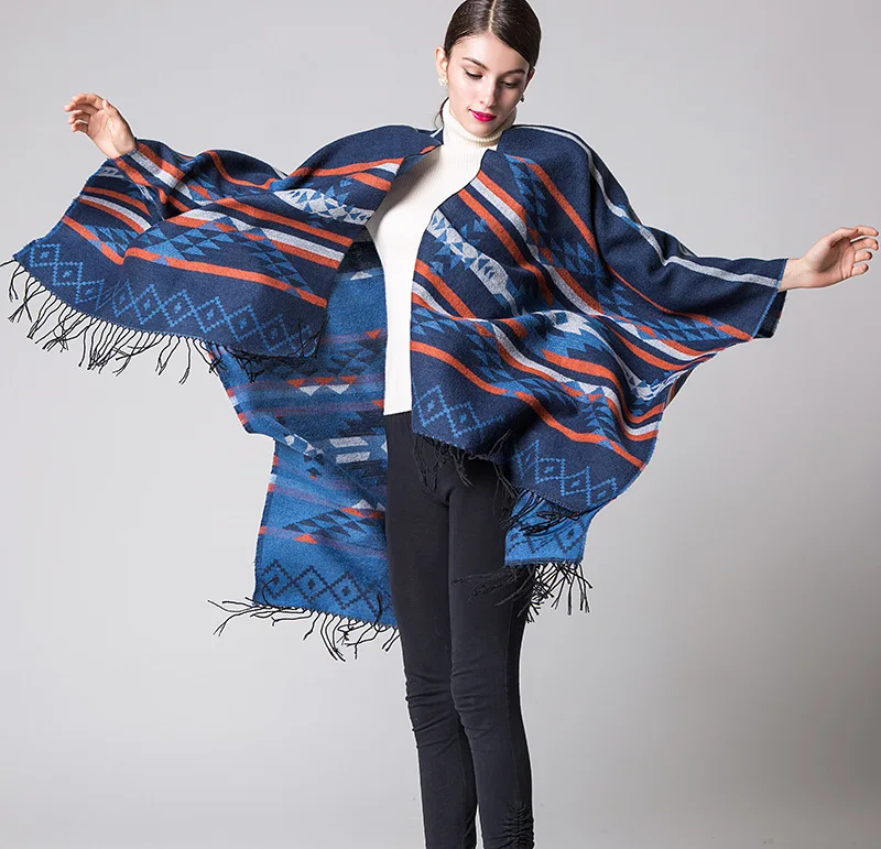 

Geometric Diamond Tassel Imitation Cashmere Autumn Winter National Style Travel Fork Cape Ponchos Capes Blue