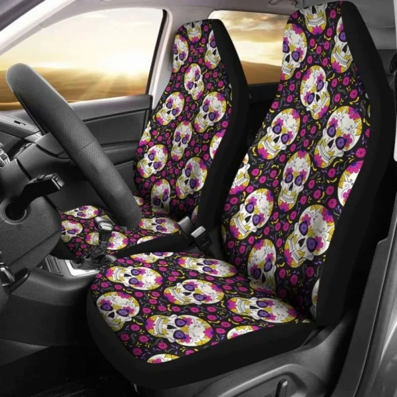 

Set Of 2 Candy Sugar Skull Car Covers,Pack of 2 Universal Front Seat Protective Cover