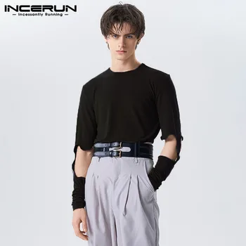 INCERUN Tops 2023 미국 스타일 새로운 남성 소매 중공 디자인 티셔츠 캐주얼 스트리트 남성 솔리드 o 넥 일반 Camiseta S-5XL