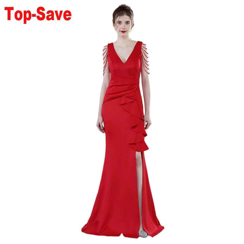 

2024 New Year Red Cocktail Party Dress Bride Long Slim Fit Fishtail Wedding Celebrity Runway Dresses Elegant Tassel Princess