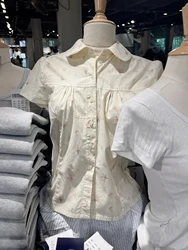 White Stripes Peter Pan Collar Blouse - Women's Summer Short Sleeve Cotton Top - One Size (Pink floral - Beige)