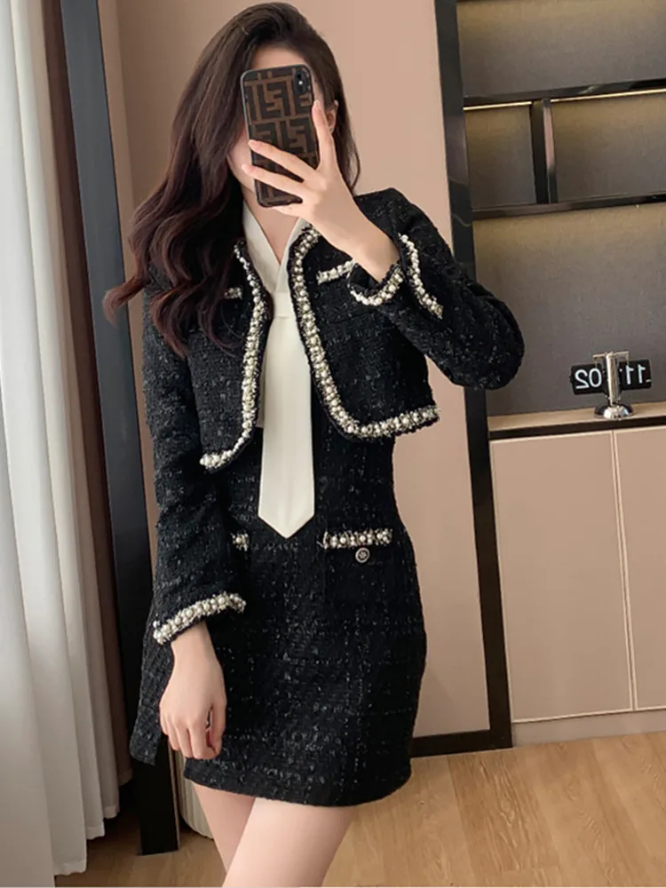 

Women's Small Fragrant Style Spaghetti Strap Slim Dress Suit New Autumn Winter Girl Two Piece Dress Beaded Short Coat Top Sets