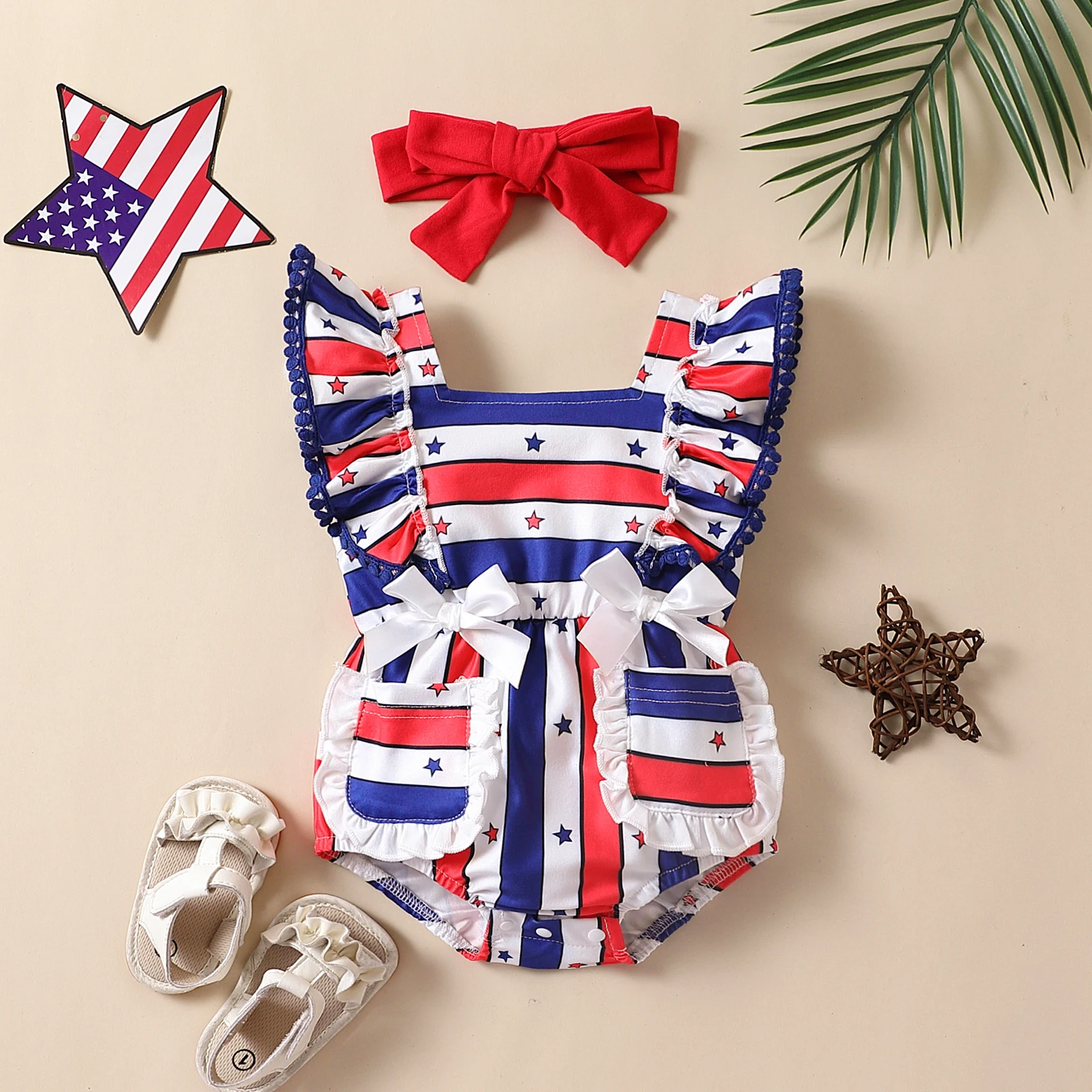 

2023-05-30 Lioraitiin 0-24M Newborn Baby Girl Summer Bodysuit Off Shoulder Stars Striped Printed Jumpsuit Red Headband 2Pcs Set