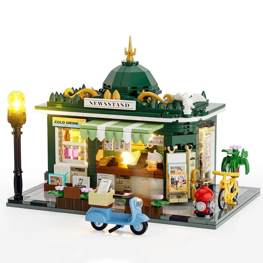 크리에이티브 전문가 스트리트 뷰 MOC FunWhole F9023 뉴스 스탠드, 뉴스 키오스크 모델, 빌딩 블록 브릭 퍼즐 장난감, 어린이 선물, 556PCs