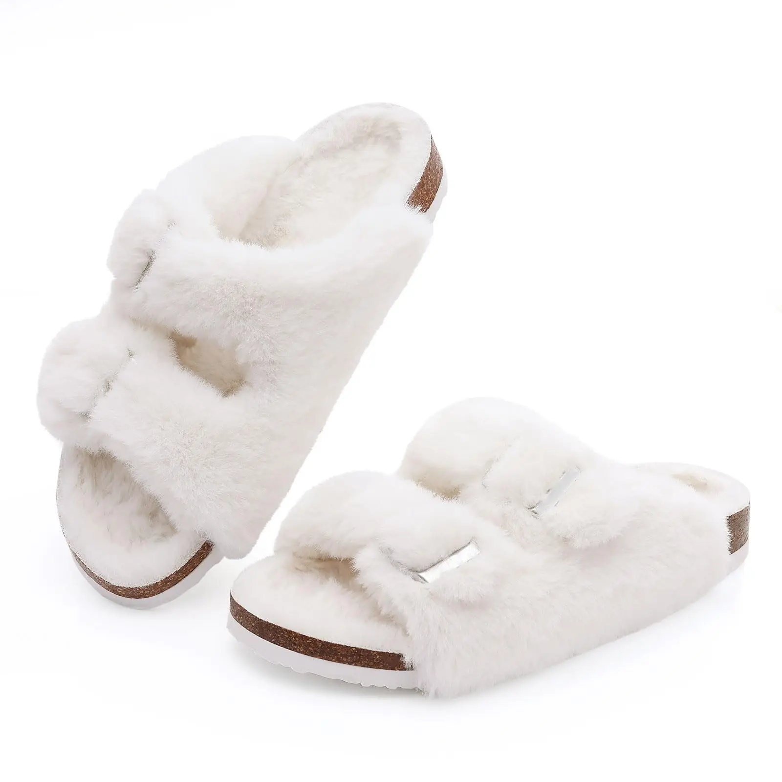 Evshine Fur Fuzzy Cork Slippers For Women Comfy Arch Support