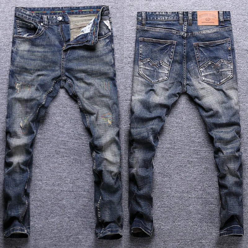 Streetwear Fashion Men Jeans Retro Black Blue Elastic Slim Fit Ripped Jeans Men Trousers Embroidery Designer Casual Denim Pants streetwear fashion men jeans retro elastic slim fit ripped jeans men hole patched trousers vintage designer casual denim pants