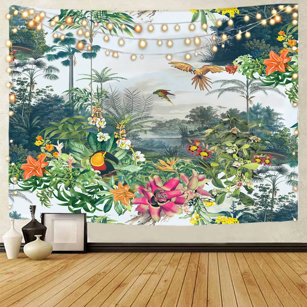 Jungle painting plants, birds, scenery background decoration tapestry Rainforest plant painting background decoration tapestry