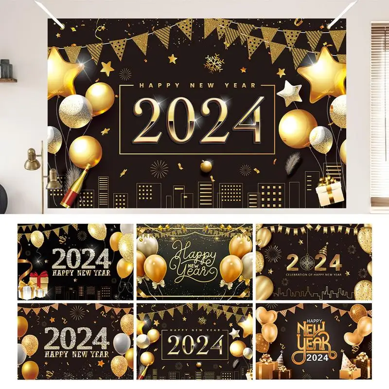 

2024 New Year Banner Black Gold New Years Decorations 71x45in New Years Banner Backdrop Decorations Happy New Year Decor