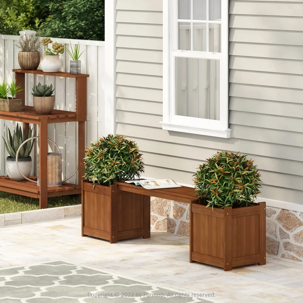 Outdoor Wooden Planter Box with Removable Bench – Teak Oil Treated 2
