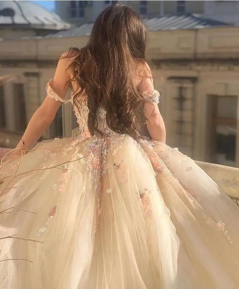 Champagne Fairy Princess Quinceanera Dresses Handmade Flower Floral Off Shoulder Sweep Train Prom Party Gown