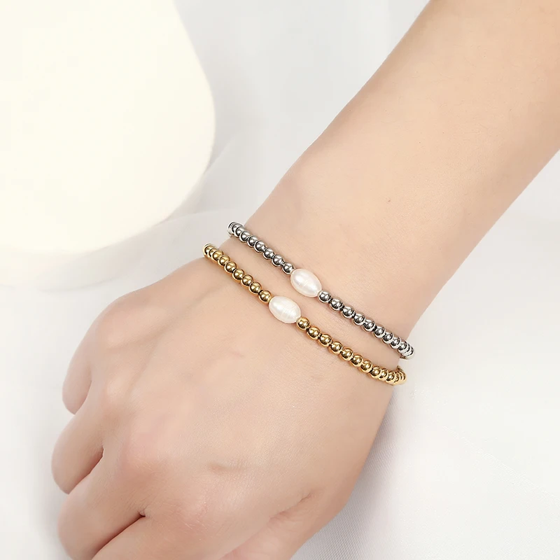 High Quality Metal Smooth Bead Stainless Steel Jewelry Waterproof Durable Women's Charm Gift Fresh Water Pearl Elastic Bracelets 4