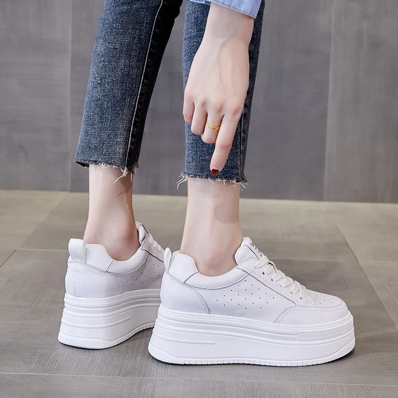 2025 Spring New Genuine Leather Casual Women's Shoes Thick Sole Inner Heightened Small White Shoes Women's Casual Sports Shoes 6