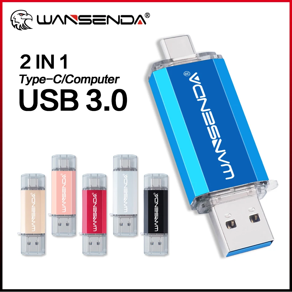 WANSENDA Dual USB Flash Drive USB 3.0 Type C, 16GB 32GB 64GB 128GB 256GB 512GB for Android PC Mac