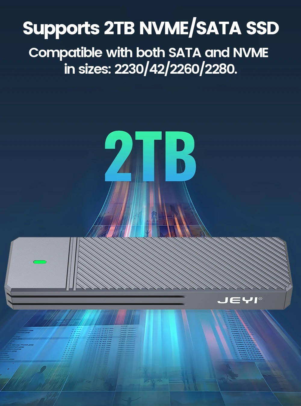 JEYI M.2 SSD-Gehäuse NVMe SATA Dual Protocols SSD-Gehäuse USB 3.2 10 Gbit/s PCIe-Adapter Externes Gehäuse unterstützt M- und B&M-Schlüssel – Detail 7