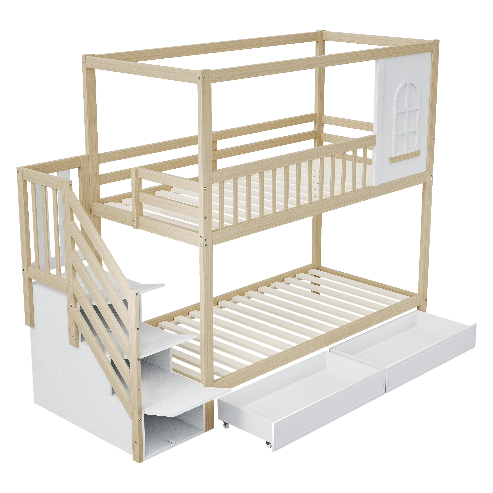 Etagenbett für Kinder, Massivholz-Doppelbett, Hausform mit Fenstern, Sicherheitszaun-Design, mit Aufbewahrungsschubladen und Sicherheitsleiter – Detail 16
