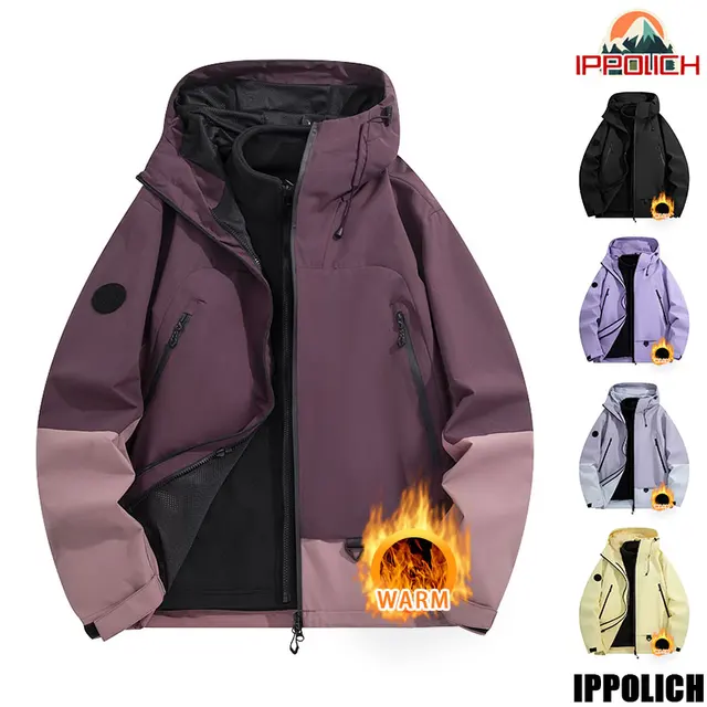 Unisex Hiking Jacket Women Outdoor 3 In 1 Windproof Waterproof Camping Hooded Jacket Men Patchwork Warm Climbing Ski Casual Coat 1