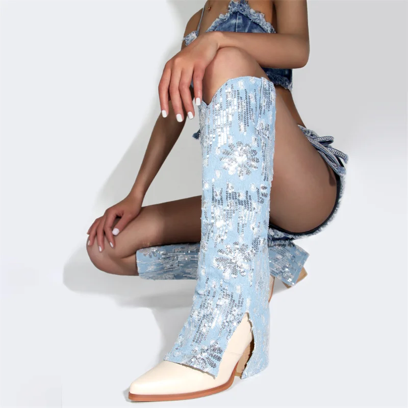 

IPPEUM Denim Boot Blue Western Cowgirls Knee High Chunky Heels 2023 Sexy y2k Shoes Sequin Denim Cowboy Boots For Women