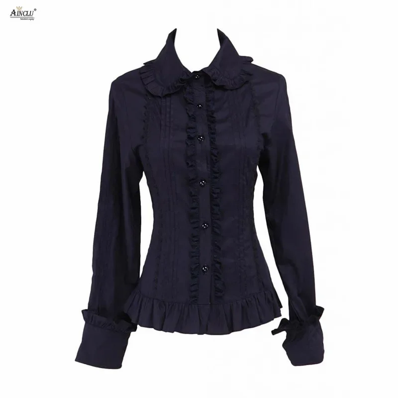 

Spring/Summer/Autumn/Winter Ainclu Womens Cotton Black Long Sleeves Ruffles Cotton Lolita Blouse/Rendering and Outer Wear