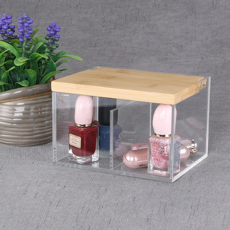 

Clear Acrylic Organizer Storage Box With Bamboo Lid Desktop Drawer Container Dustproof Large Capacity Storage Case