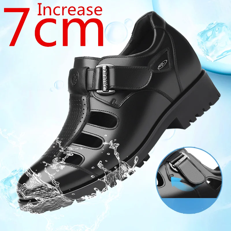 

Summer Men Elevator Sandals Genuine Leather Sewing Breathable Hollow Hole Shoes Increased 7cm Men Casual Height Increasing Shoes