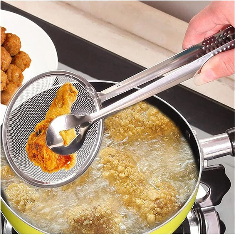 Stainless Steel Filter Spoon With Clip Multi-Functional Oil-Frying Skimmer BBQ Food Tongs Salad Strainer Kitchen Cooking Tools