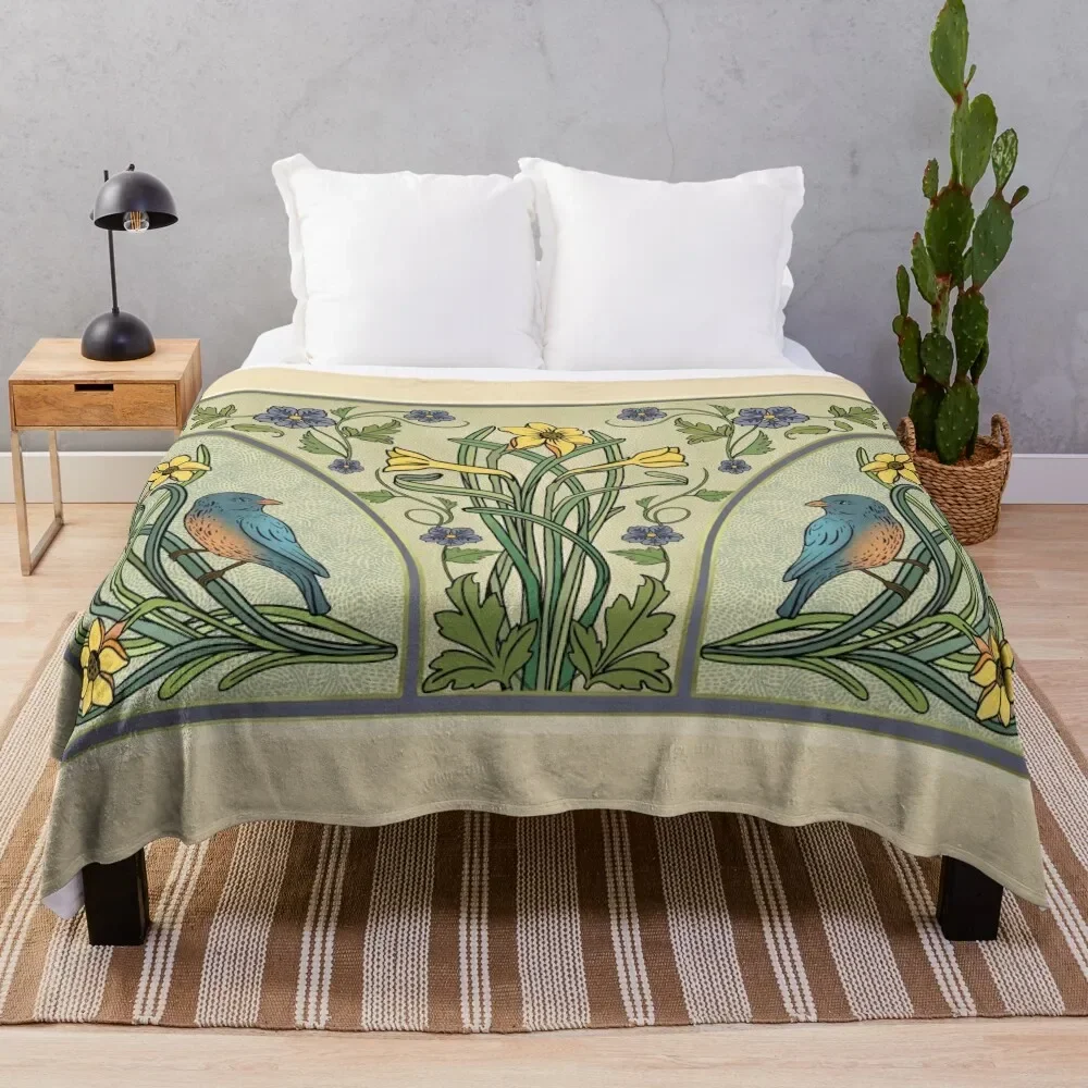 

Bluebirds And Spring Blossoms Inspired By Art Nouveau Throw Blanket Bed Fashionable Giant Sofa wednesday Luxury Blankets