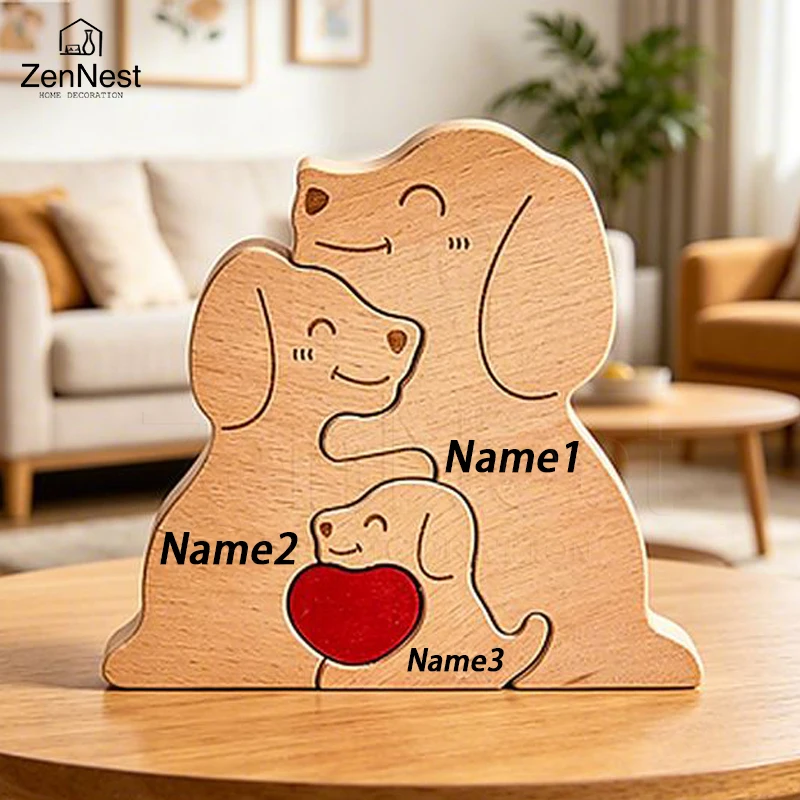 Kunst-Holzhunde-Puzzle, personalisierter Name, individuelle kostenlose Lasergravur, Heimgeschenke, Heimdekoration, Thanksgiving, Weihnachtsgeschenke für Mama