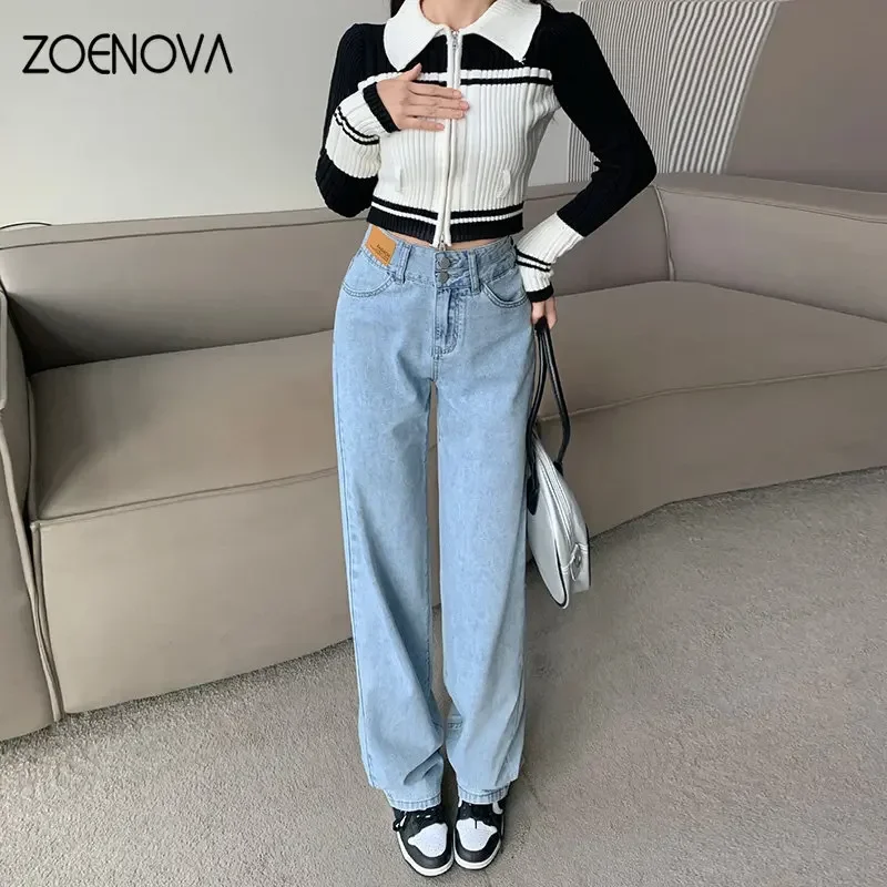 ZOENOVA 여성용 하이 웨이스트 더블 버튼 바지, 가죽 패치 디자인, 루즈 모핑, 롱 와이드 레그 청바지, 패션 2023, 여름 신상