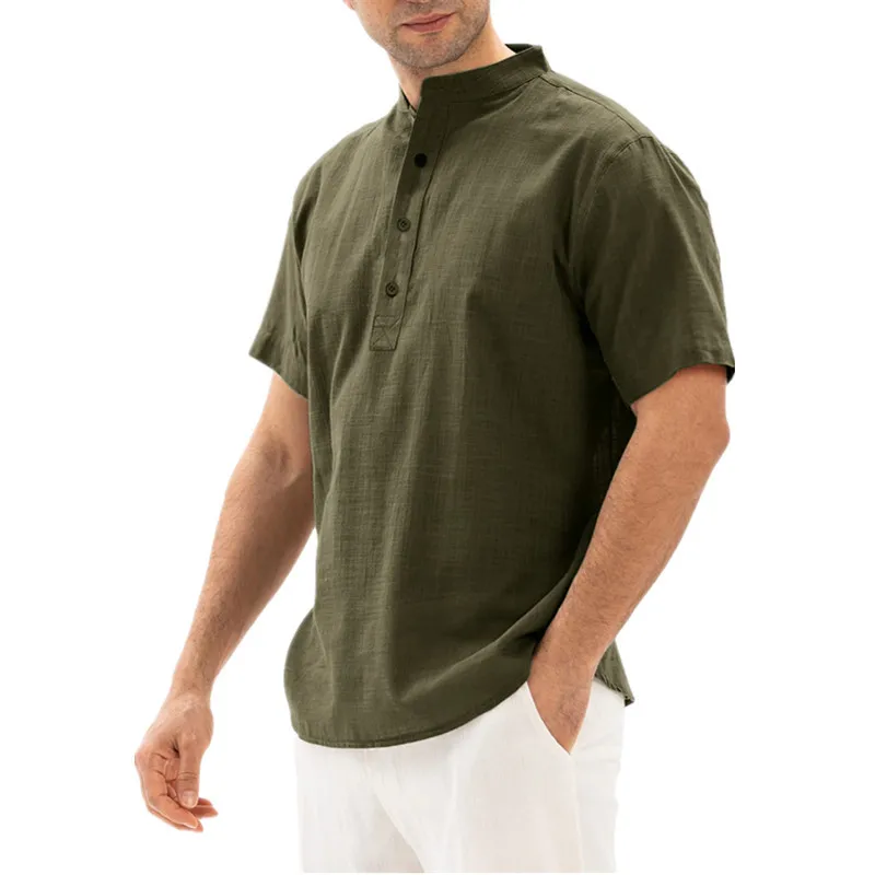 Description Picture 5 of itemSummer New Men Shirt Solid Color Stand Collar Buttons Loose Tops Youth Casual Short Sleeve Pullover Shirts Comfortable Thin Tees