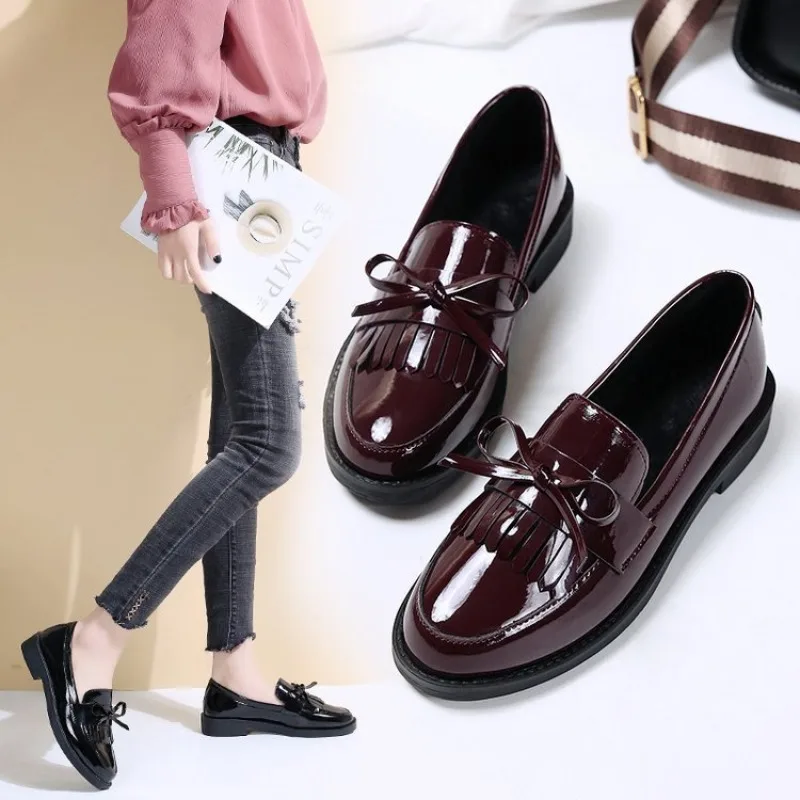 

Women's Black Patent Leather Loafers Platform Slip on Shoes for Women 2024 New Spring British Tassel Casual Bowknot Flats Shoes