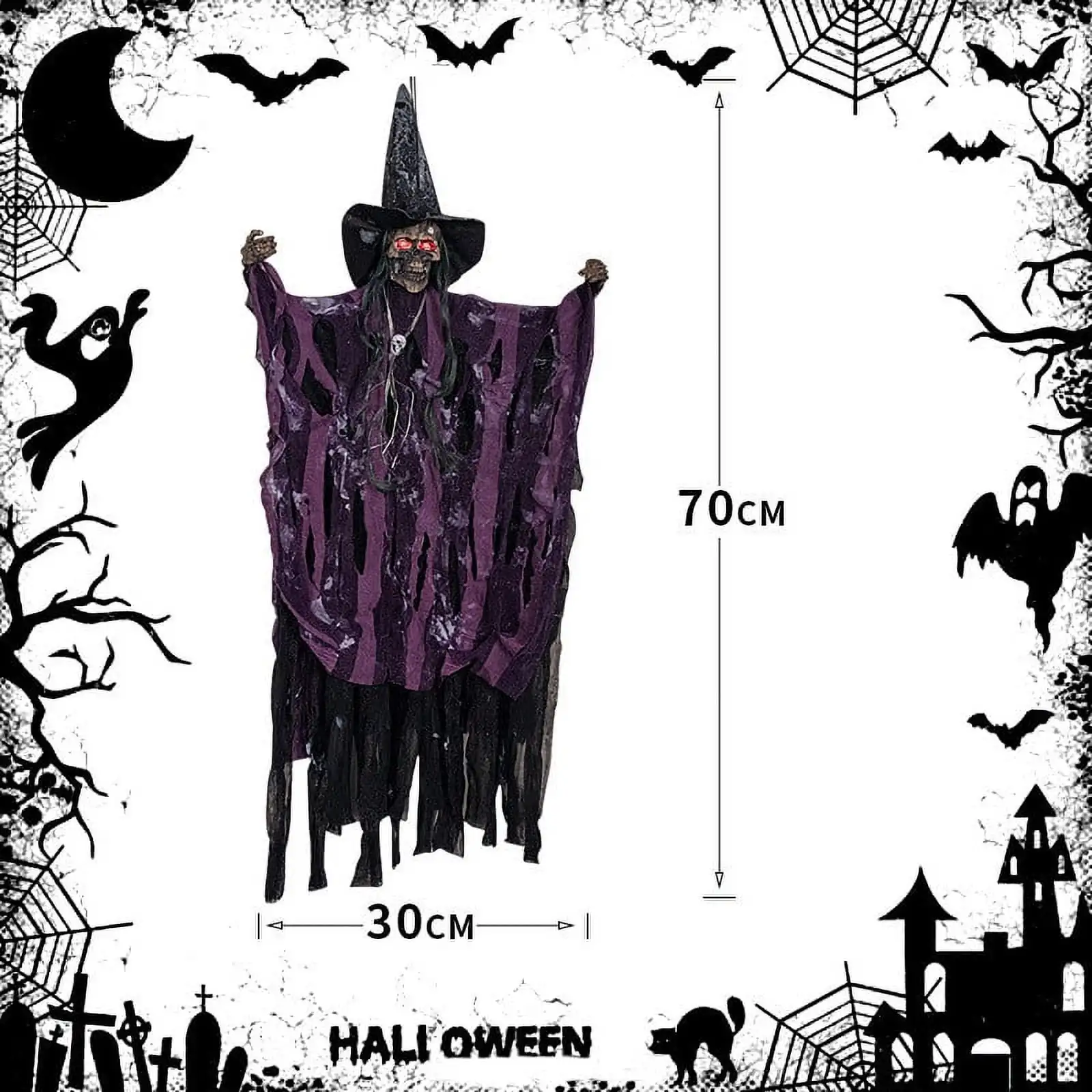 Sound Activated Hanging Ghost Prop with LED Lights - Animated Halloween Decor
