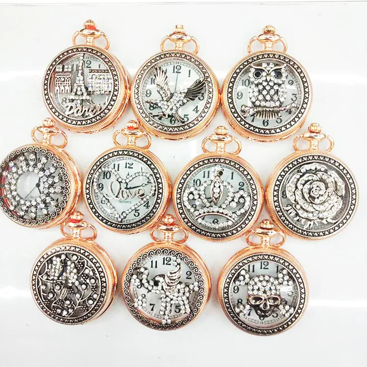 3Pcs Luxury Diamond Rose Gold Orologio Da Tasca Al Quarzo Per Uomo Donna Orologio Hollow Case Fob Chain Ladies Ciondolo Collana Orologio