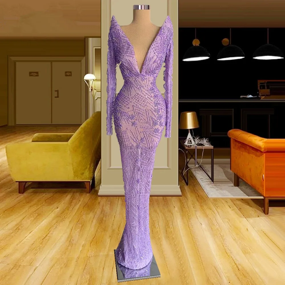

Lavender Fashion Mermaid Evening Dresses Deep V Neck Sequined Appliques Prom Gowns Custom Made Illusion Party Dresses