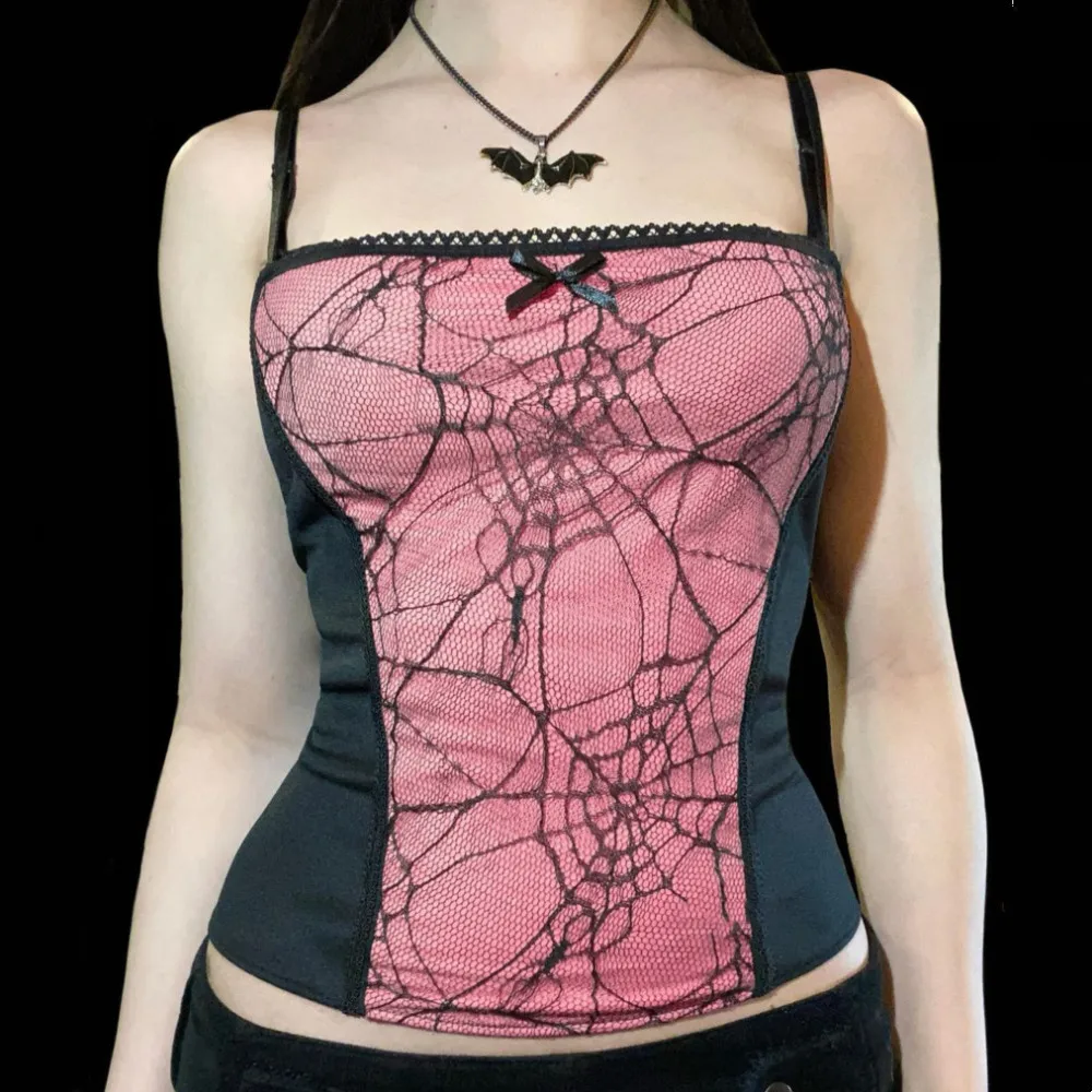 Gothic Vintage Cami Tops Frauen Mesh Spinne Net Spitze Tank Weste Weibliche Y2K Sexy Club Crop Tops Harajuku 2000s kleidung Streetwear