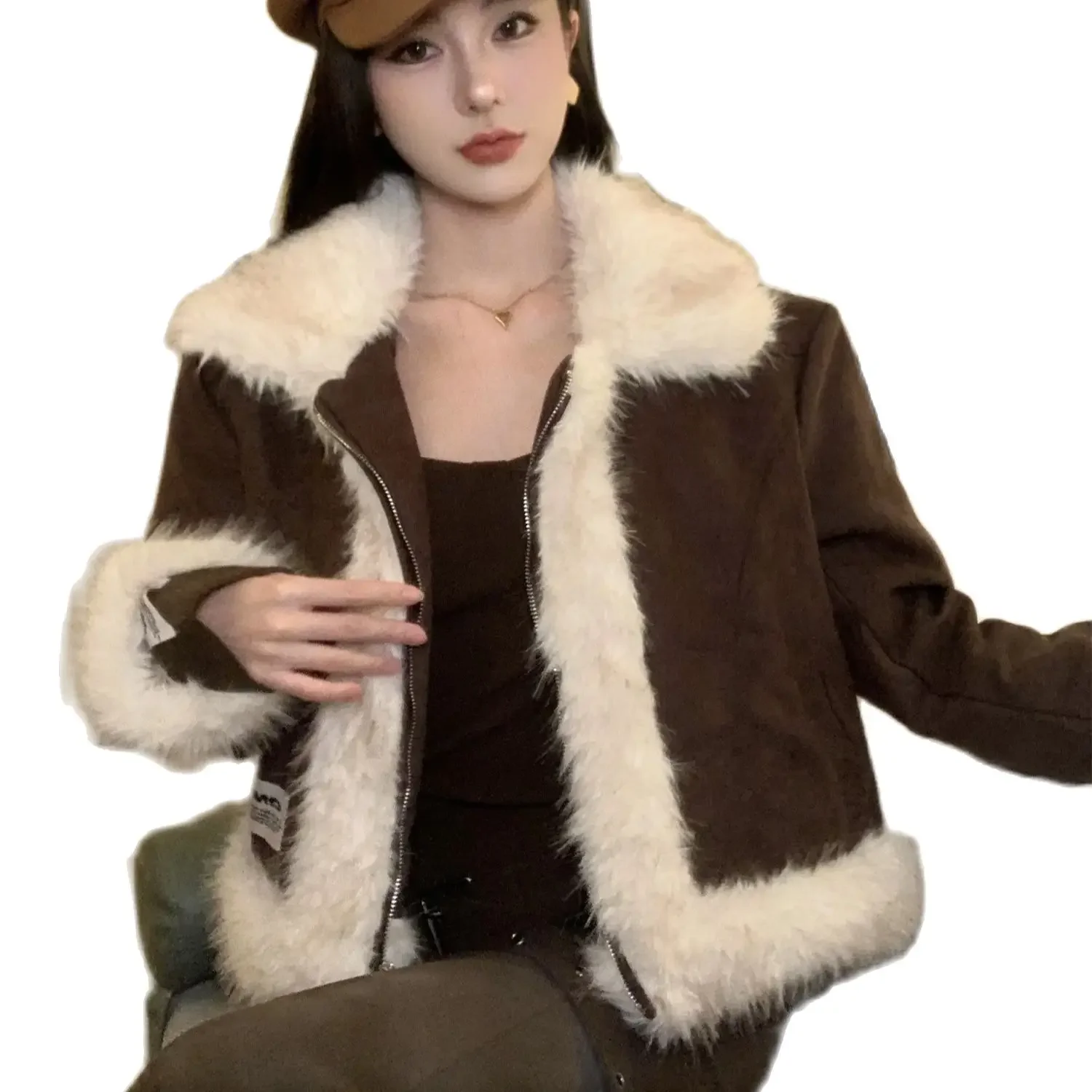 Korean Style Winter Female Jacket Vintage Fuzzy Fur Turn-down Collar Long Sleeve Zipper Fly Women's Coats Youmg Lady Outerwear