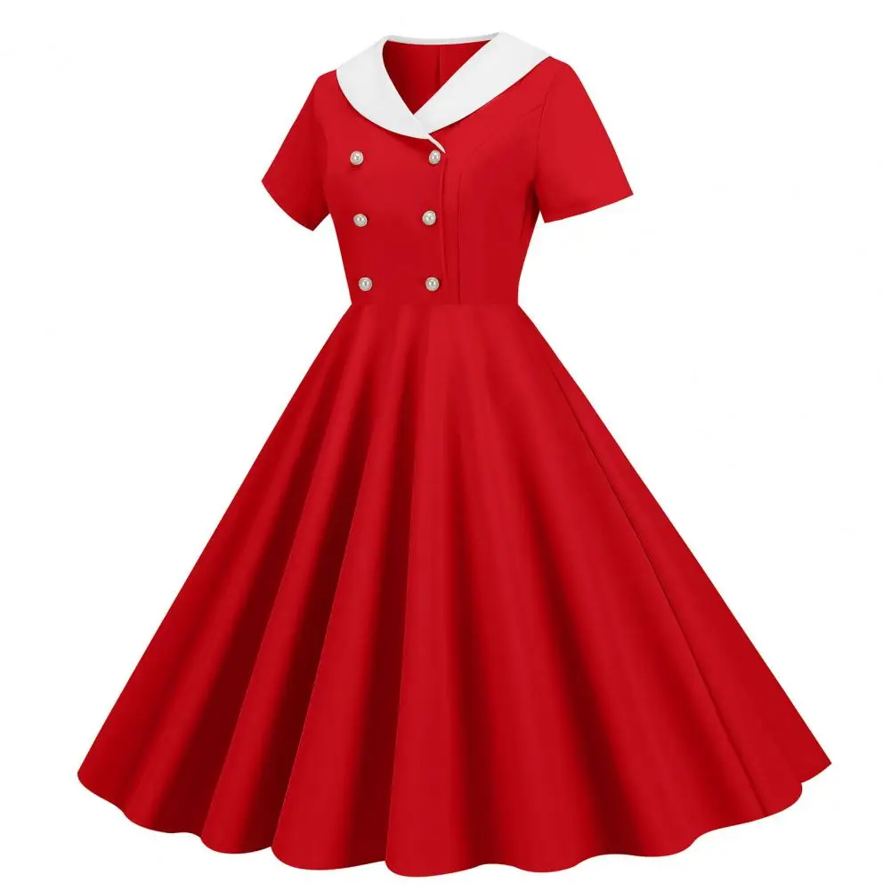 

Vintage Evening Dress Vintage 50s A-line Evening Dress with Short Sleeves V Neck Women's Prom Party Midi Dress with Button Decor