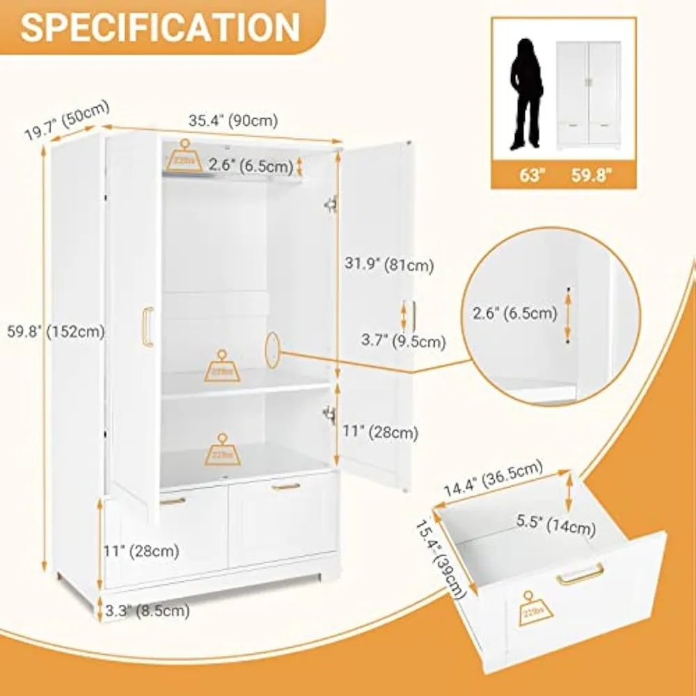 Wide Armoire Wardrobe Closet with Adjustable Shelves and Drawers, Freestanding Closet Wardrobe Cabinet, Bedroom Armoires 2