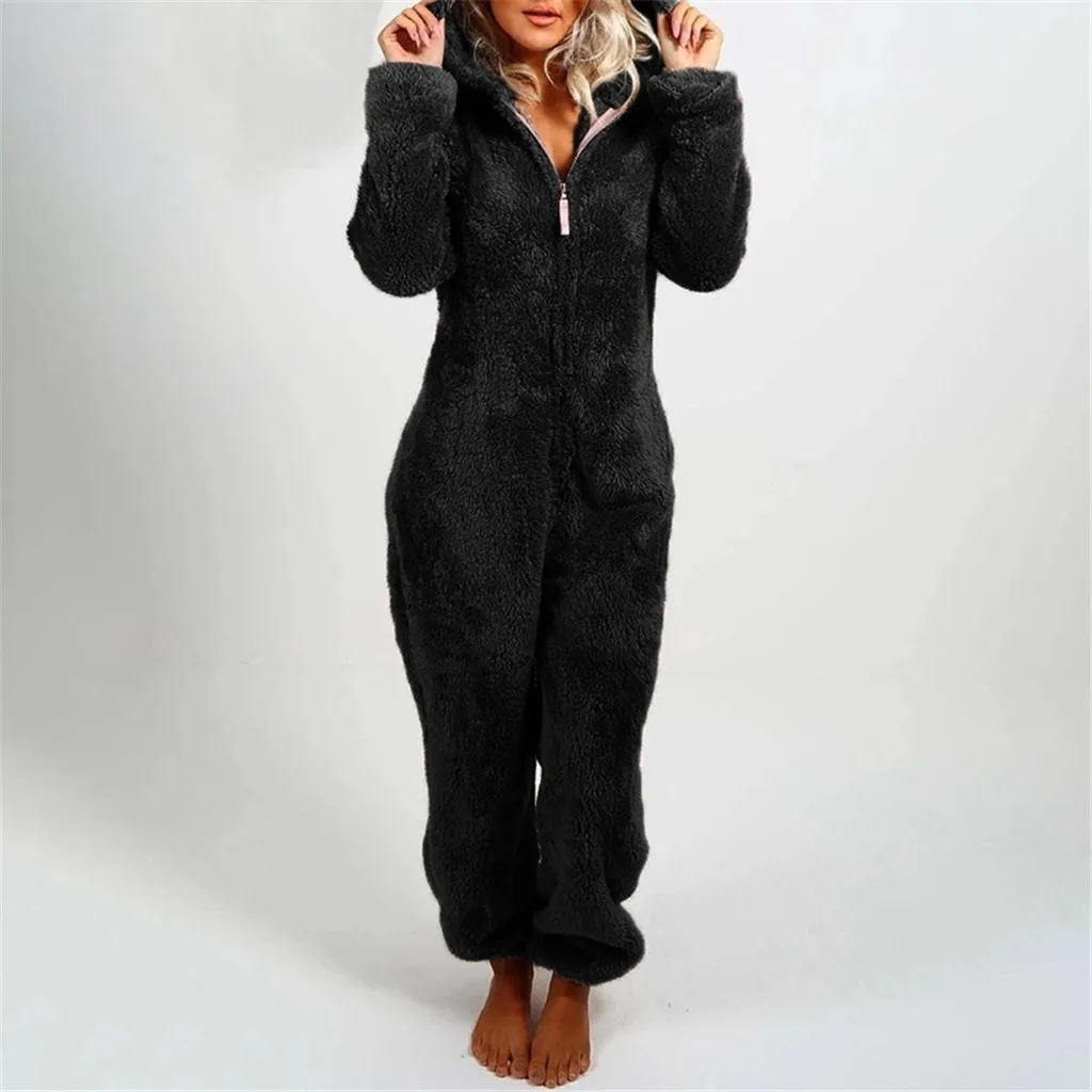 Autumn Winter Cute Fleece Plush Warm Hooded Pajamas Women Long Sleeve Loose Casual Zipper Jumpsuit S-5XL 2021 Plus Size Bodysuit