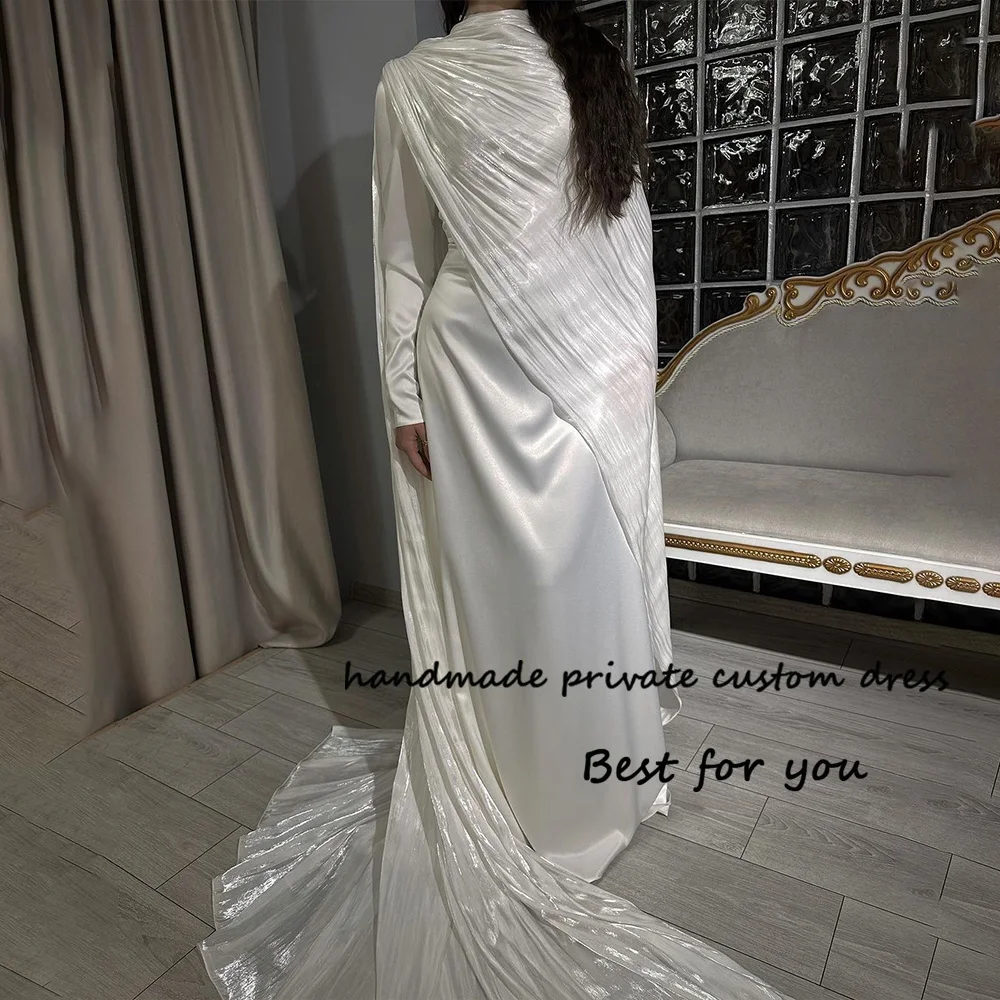 

Ivory Satin Mermaid Evening Dresses Long Sleeve High Neck Muslim Arabic Formal Dress with Cape Elegant Women Prom Party Gowns