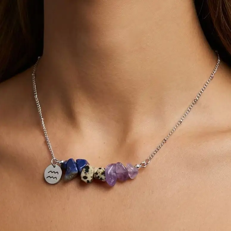 Wassermann-Sternzeichen-Halskette für Damen und Herren, natürliche Kristallsplitter, Edelsteine, Edelstahlkette, Horoskopkarte, Schmuck, Geburtstagsgeschenk