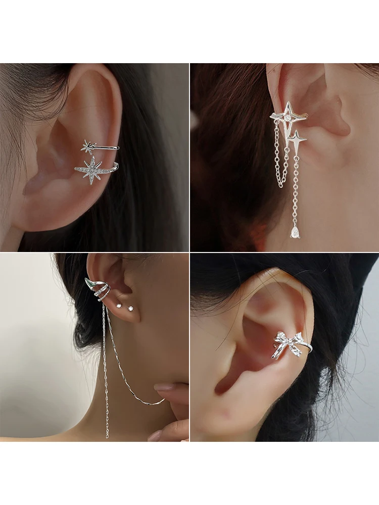 Ear Clip Earrings Sparkling Zircon Star Ear Clip For Women Without Piercing Long Tassel Sweet Ear Cuff Clip Earrings Wedding Jewelry Gift