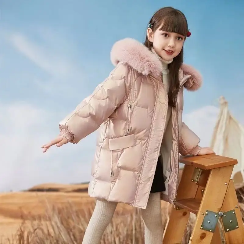 Fashion Girls Winter Coat Faux Fur Hooded Parkas Children Thickening Warm Bright Cotton Padded Jacket For Kids Outwear TZ659