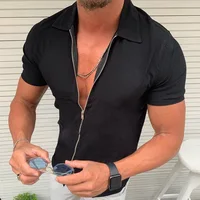 Chemise légère à manches courtes pour hommes, bureau d'affaires décontracté, fermeture éclair, coupe cintrée, couleur unie, Cardigan à revers, hauts à la mode 1