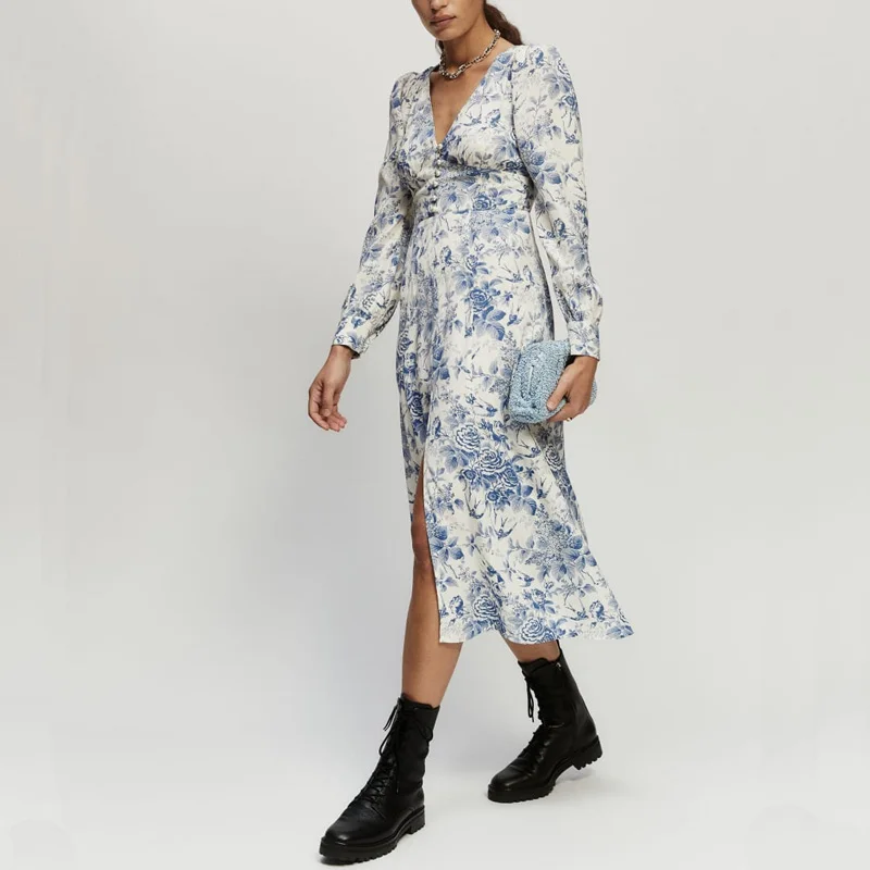 

2023 Spring Autumn Women's Casual Printed V-Neck Long Sleeves Beaded Dress