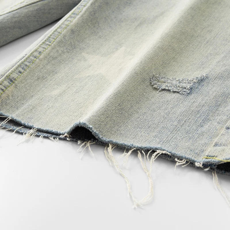 Summer Vintage Denim Shorts, Men's Retro Washed Knee Length Pants, High Street Thin Star Print Shorts