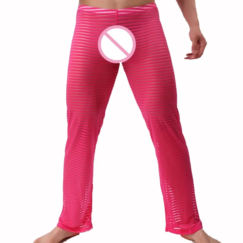 FYXLJJ Mens Sexy Transparent Pantalon Pijama Sleepwear Homme Soft Casual Sleep Bottoms Stripe See Through Pajama Trousers Pants