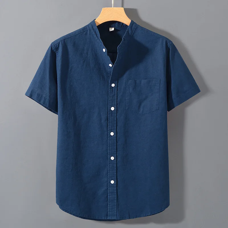 Summer Cotton and Linen Short-sleeved Men's Stand-up Collar Loose Linen Casual Breathable Shirt